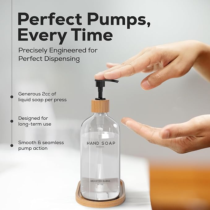 Clear Glass Hand and Dish Soap Dispenser Set by Brighter Barns - Kitchen Soap Dispenser Set with Bamboo Tray - Modern Kitchen Decor, Minimalist Decor (Clear)