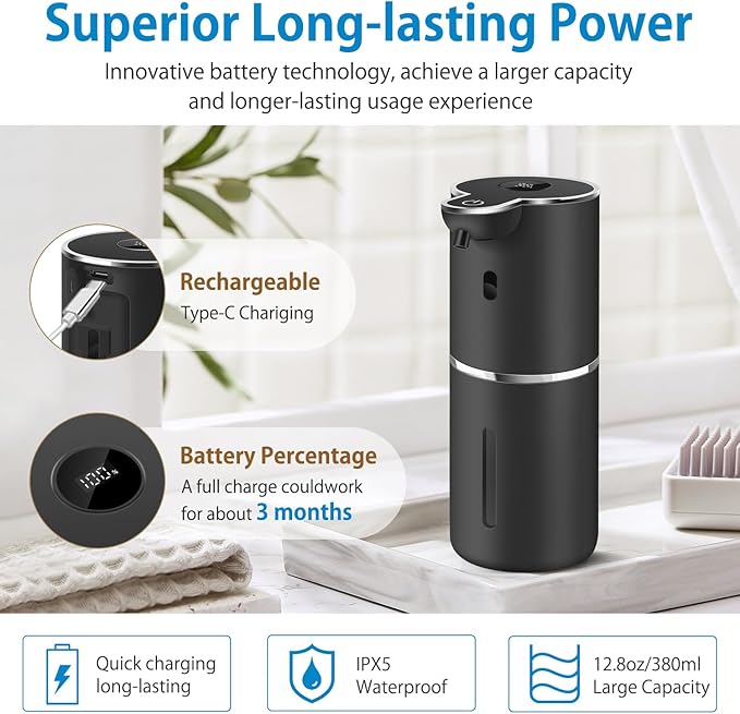Automatic Foaming Soap Dispenser 12.8oz, Rechargeable & 6 Levels Foaming Adjustable with Digital Display, Wall Mount, Waterproof, Touchless Hand/Dish Soap Dispenser for Kitchen, Bathroom, Hotel