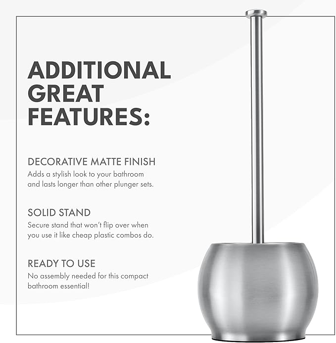 ToiletTree Products Stainless Steel Plunger - Heavy Duty Toilet Bowl Plunger with Holder for Bathroom Essentials and House Cleaning Tools - Stainless Steel, 6.5” x 6.5” x 18.5”