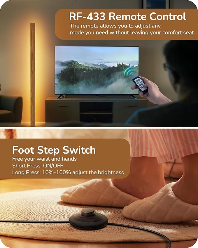 EDISHINE Mid Century Modern Floor Lamp with Remote, Dimmable Wood LED Corner Lamp, Minimalist Standing Mood Lighting for Living Room, Bedroom, Office, 7 Color Temperature 2700K~6000K, 48.43"