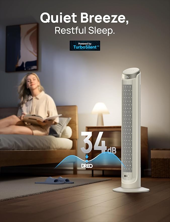 Dreo Tower Fans for Bedroom, 90°Oscillating Fans for indoors,5 Speeds 4 Modes Max 26ft/s, 12H Timer, LED Display with Touch, Remote, 40" Quiet Bladeless Standing Floor Fan for Home Office, White