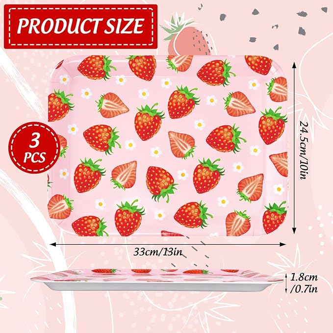 3Pcs Strawberry Serving Trays Red Pink Berry Flower Platter Cute Fruit Serving Dishes for Birthday Baby Shower Party Sharing Snacks Fruit Dessert Candy