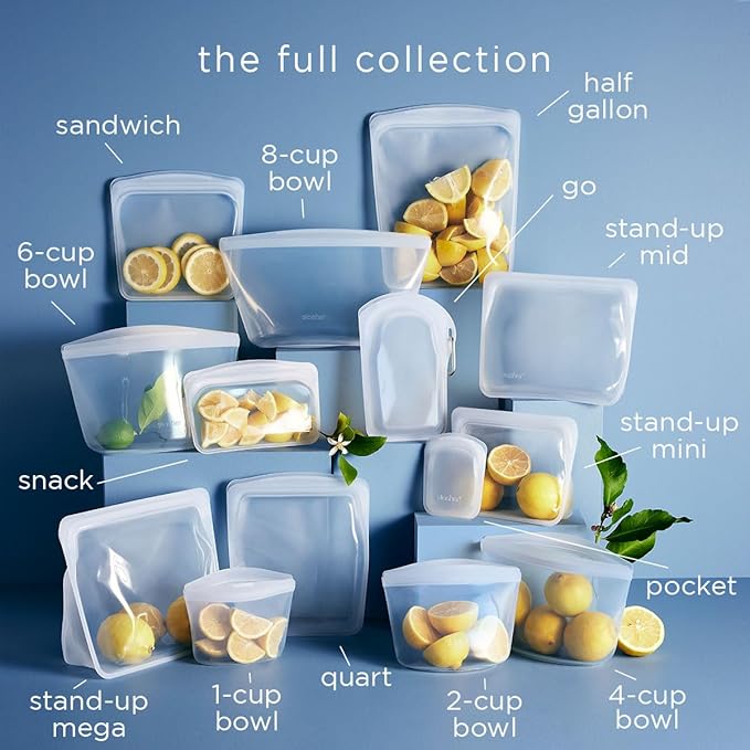 Stasher Premium Silicone Reusable Food Storage Bags 4-Pack Boxed Starter Kit, Clear, Microwave, Sous Vide, Dishwasher, Oven & Freezer Safe, Multi-Use Containers, BPA Free, Leak-free, Eco-friendly
