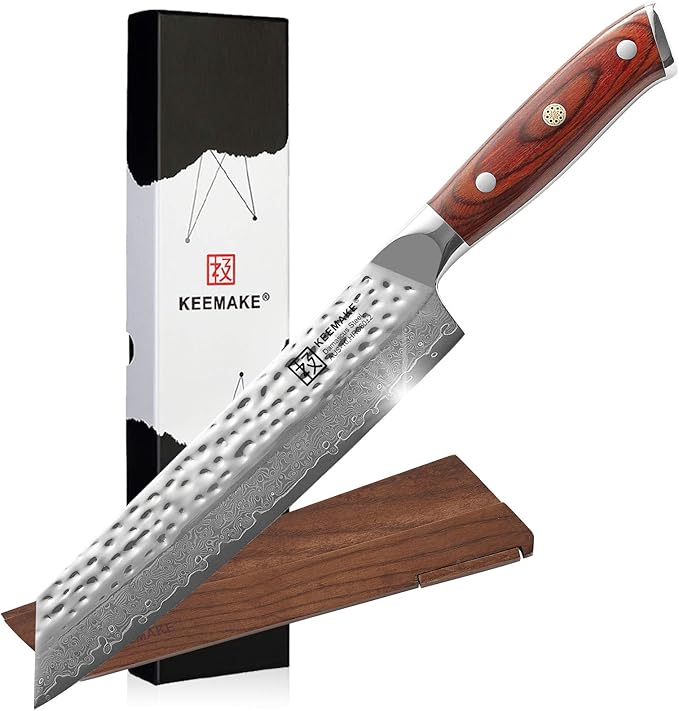 KEEMAKE Damascus Chef Knife 8 inch - Kiritsuke knife with Hammered Damascus Steel Blade Kitchen Knives, Pakkawood Handle Chopping Knife for Meat Cutting, w/Walnut Sheath