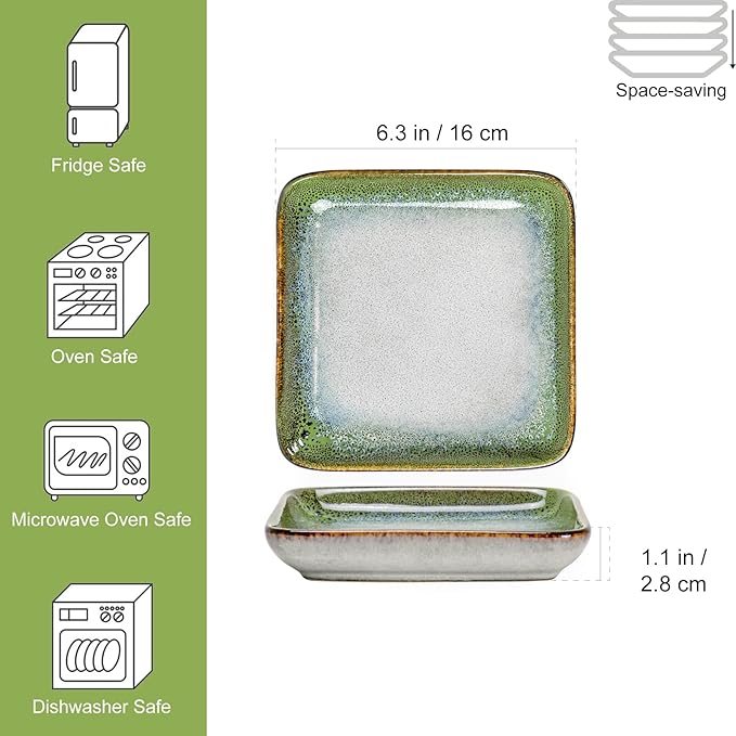 HENXFEN LEAD Small Ceramic Plates 6.3 Inch - Dessert, Appetizer, Snack Plate Set of 4 Scratch Resistant, Porcelain Serving Side Dish Microwave & Oven, Dishwasher Safe - Reactive Green