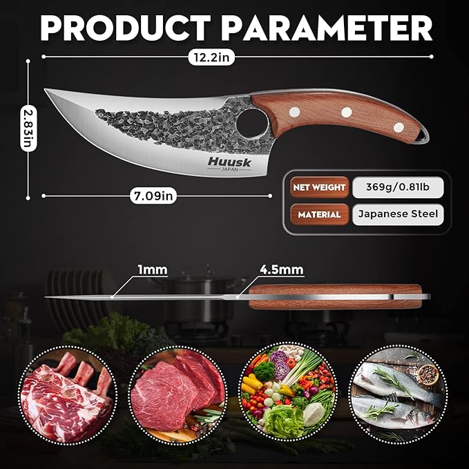 Huusk Knife Japan Kitchen Upgraded Viking Knives with Sheath Hand Forged Butcher Knife for Meat Cutting Japanese Cooking Chef Knives Sharp Meat Cleaver for Outdoor Camping, BBQ