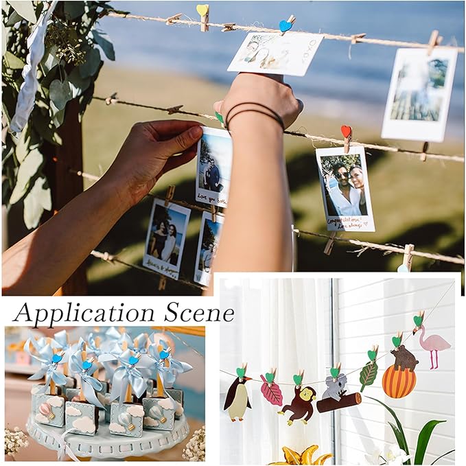 Pandahall 100Pcs Wooden Heart Clothespins Mini Photo Clips Photo Paper Pegs Clips Mixed Color Clothes Pins Holiday Card Holder Display with 10.9 Yards Jute Twine