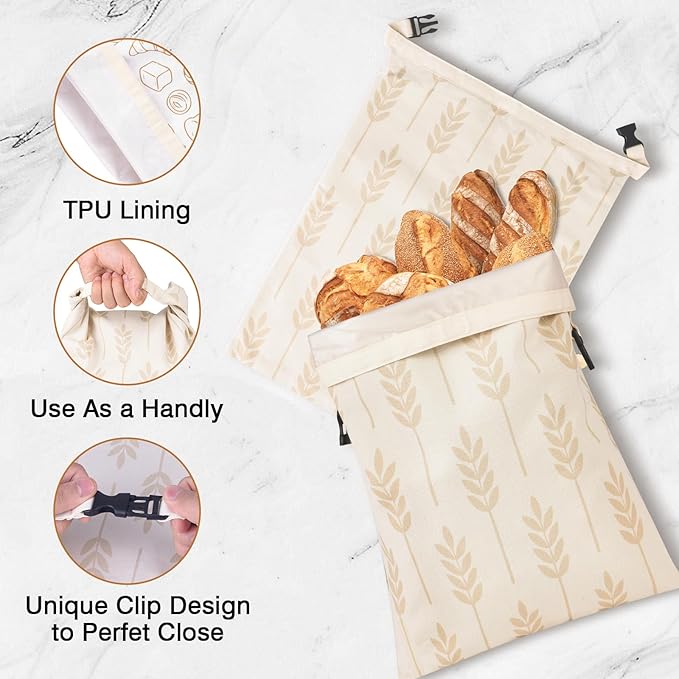 LAKE OF FIRE 16.9"x12.6" Reusable Bread Storage Bags for Homemade Bread with Reusable 2 Bowl Covers,Large Sourdough Bread Bags Food Storage Cloth Bag(Beige + Wheat)