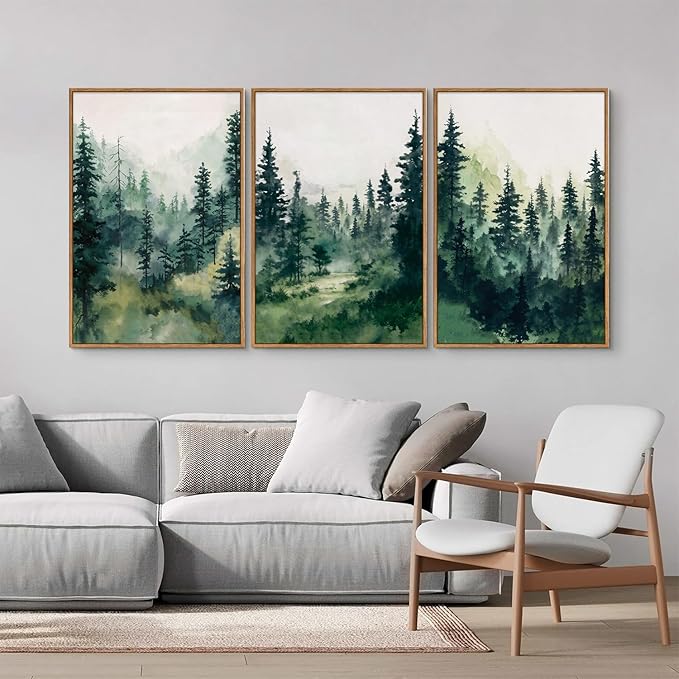 Tinonedraw Watercolor Forest Framed Canvas Wall Art Set, Modern Pine Tree Wall Painting, Nature Foggy Landscape Wall Decor, Misty Mountain Art Prints for Bedroom Living Room Farmhouse Office 16"x24"x3