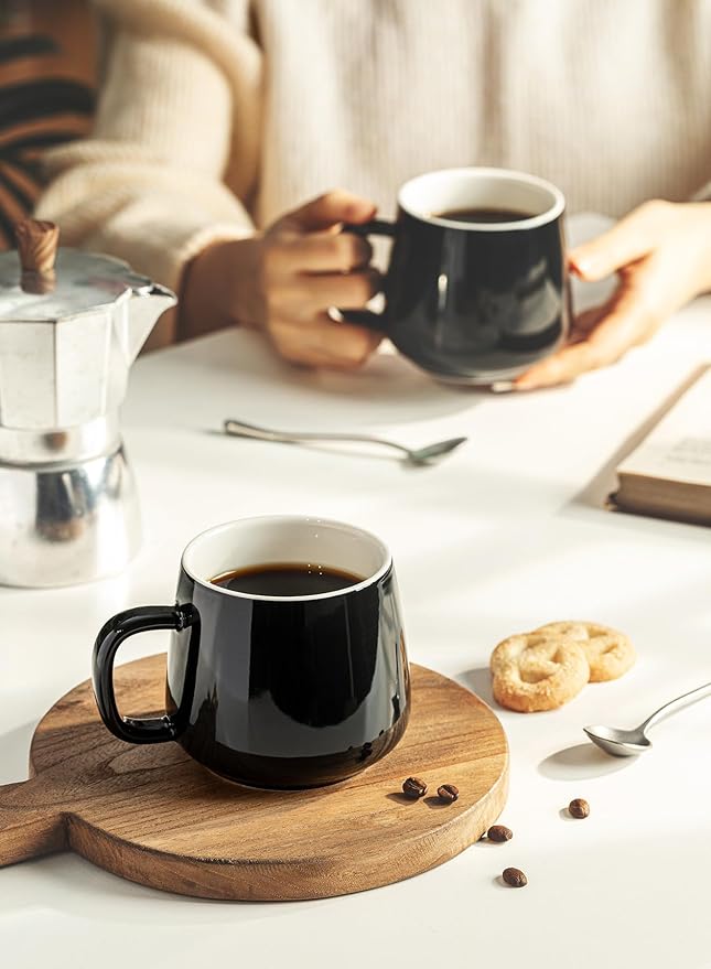 Teocera Ceramic Coffee Mug Set of 4-12 oz Coffee Mugs with Large Handles for Hot or Cold Drinks Like Latte, Cocoa, Tea or Juice - Smooth Ceramic, Dishwasher Safe,Black