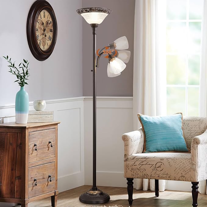 Floor Lamps for Living Room, 70" Floor Lamp Standing Torchiere Lamp with Etched Glass Shade, Metal Pole & Heavy Base, Vintage Tall Corner Lamp Decor for Bedroom, Living Room, Office. No Bulbs (2 Head)