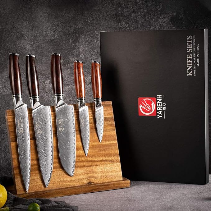 YARENH Professional Chef Knife Set 5 Piece, Damascus High Carbon Stainless Steel, Full Tang, Natural Sandalwood Handle, Ultra Sharp Kitchen Knife