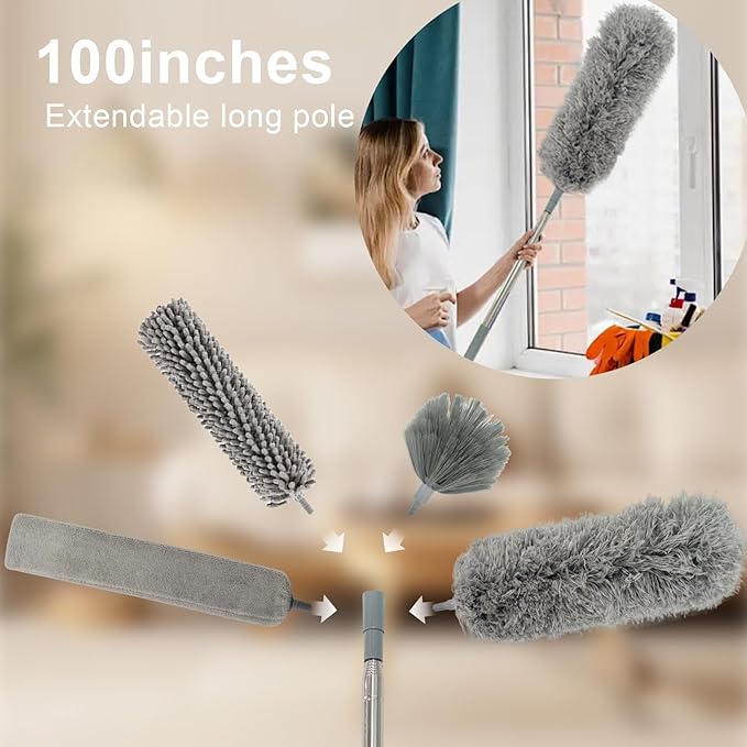 Dusters for Cleaning, 9 in 1 Kit 100” Feather Duster with Extension Pole, Retractable Bendable Washable, Cobweb Duster Chenille Gap Dust Brush Blind Duster for Cleaning High Ceiling Fans Furniture