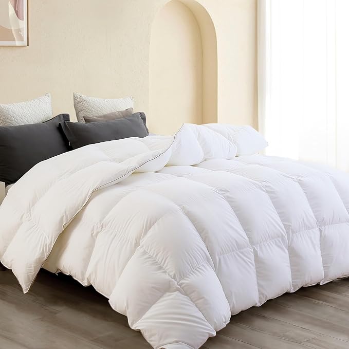 SNOWMAN Premium Down Comforter Super King Size, Luxurious All Season Duvet Insert with Cotton Blended Fabric, 65oz Fill Weight 3D Baffle Box Design Hotel Bedding Comforter (White,120"x120")