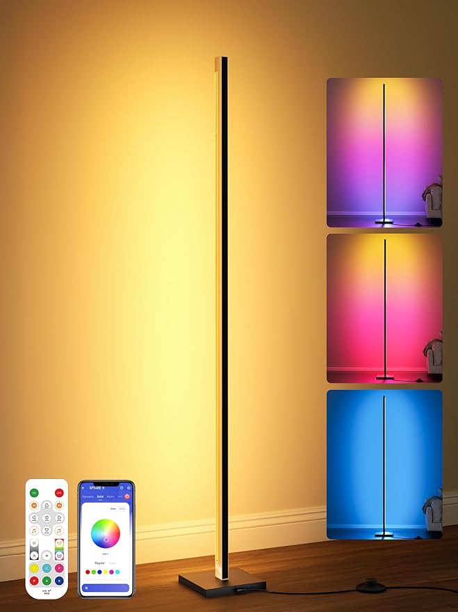 Aluminum Floor Lamp with Remote, Gold LED Corner Floor Lamp with Alexa, 3000K and RGB CCT Smart Corner Lamp with DIY Music Sync and 16 Million Colors, dimmable Standing Lamp for Bedroom Living Room