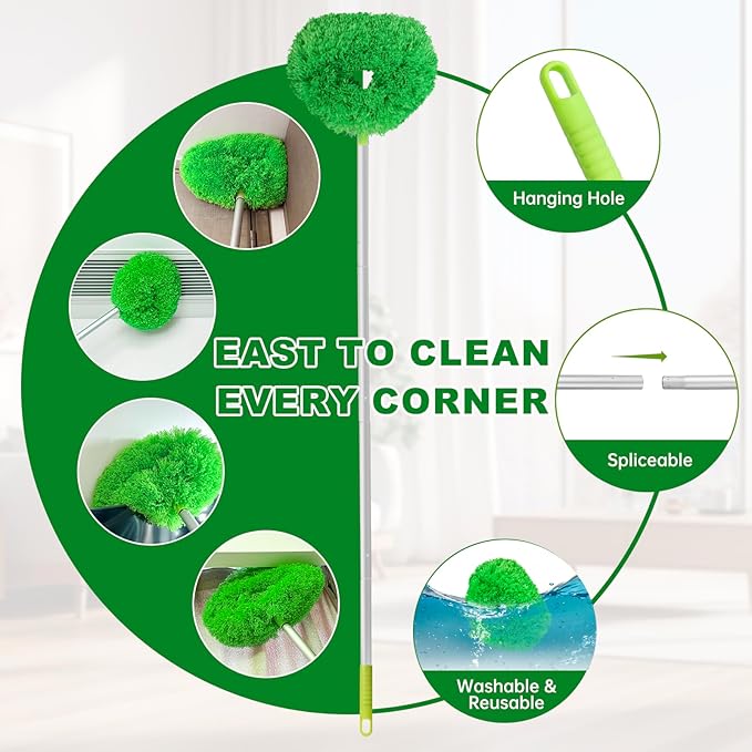 Ceiling Fan Cleaner Duster Reusable Microfiber Ceiling Fan Blade Cleaner Removable Duster with Extension Pole Adjusts 13 to 49.7 Inch for Cleaning Walls Bookshelves Furniture Door Window Top (Green)