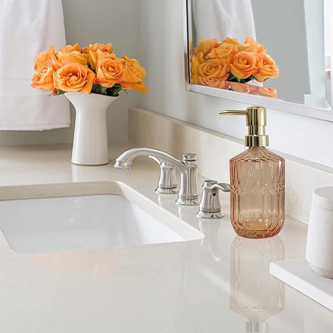 Glass Soap Dispenser with Gold Pump, 15oz Liquid Hand Dispenser, Refillable Lotion Dish Soap Dispenser for Modern Home Decor, Bathroom, Kitchen Countertop, Hotel(Amber)