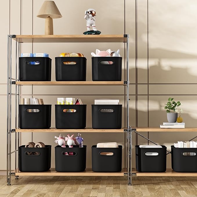 8 Pack Black Storage Bins for Shelves, Plastic Storage Containers for Organizing, Stackable Storage Boxes with Handle, Black Storage Bins for Classroom, Craft, Snacks, Cabinet, 9.7x6.7x5.7inch