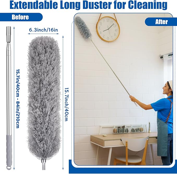 Feather Duster with 30-100 Inches Adjustable Long Pole,Extendable Feather Duster for Cleaning Ceiling Chandelier,Furniture, Blinds and Furniture