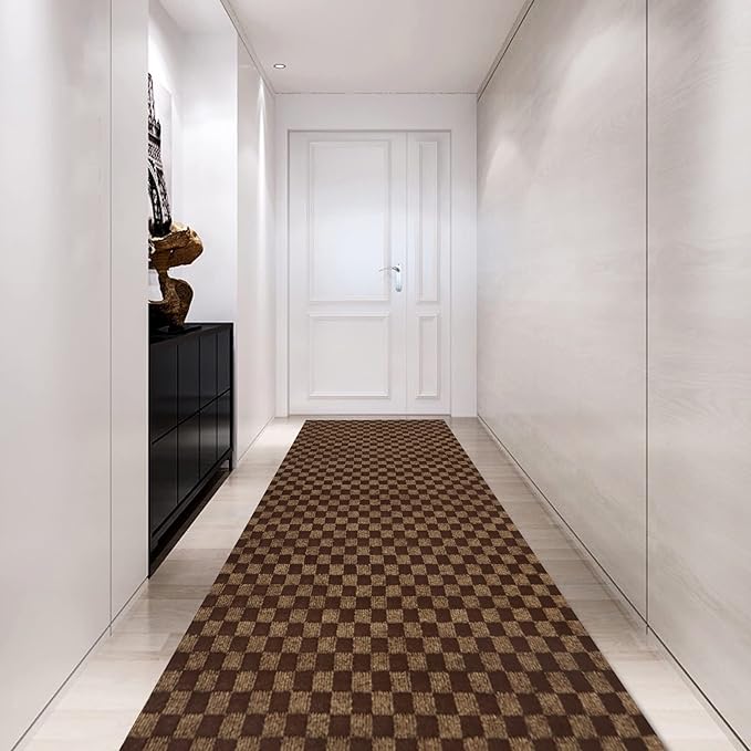 Custom Size Backed Non-Slip Area Rugs Runner, Easy Clean, Waterproof Runner Rugs for Hallway Entryway, Kitchen, Laundry, 4FT x 60FT, Brown Checkered