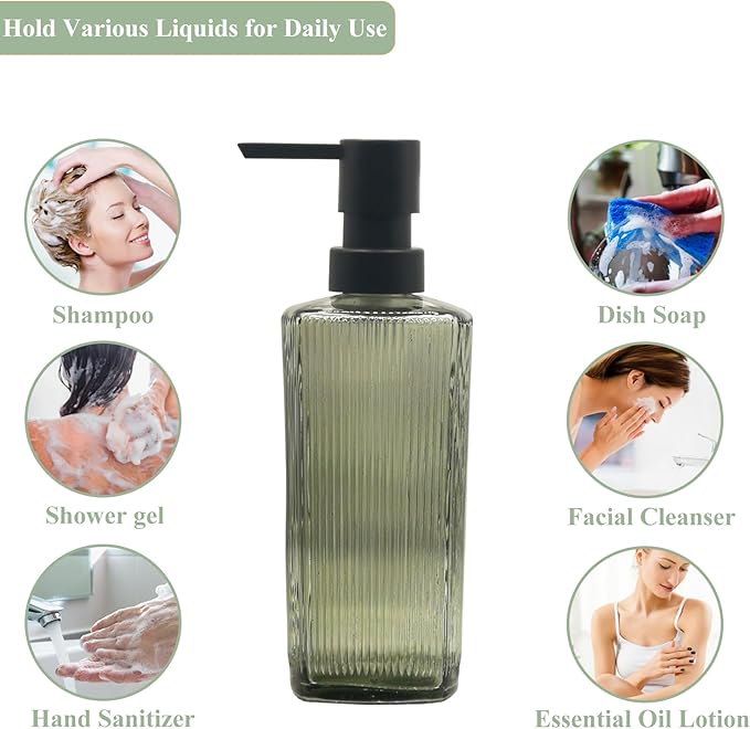 Green Glass Soap Dispenser with Black Pump, 12oz Refillable Liquid Hand Dispenser, Lotion Dish Soap Dispenser for Modern Home Decor, Bathroom, Kitchen Countertop, Hotel