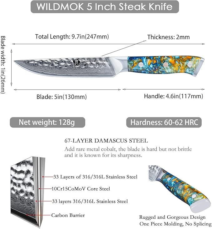 WILDMOK Steak Knife Set 4pc Full Tang 5 inch Forged Damascus Steel Dinner Knives Full Tang Ergonomic Beautiful Resin Handle