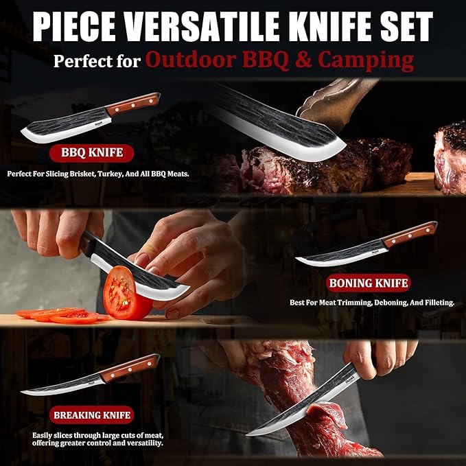 Huusk Butcher Knife Set for Meat Cutting, 3PCS Carving BBQ Brisket Knives, Hand-forged Kitchen Knive Set with Ergonomic Handle, Gift for Men Women