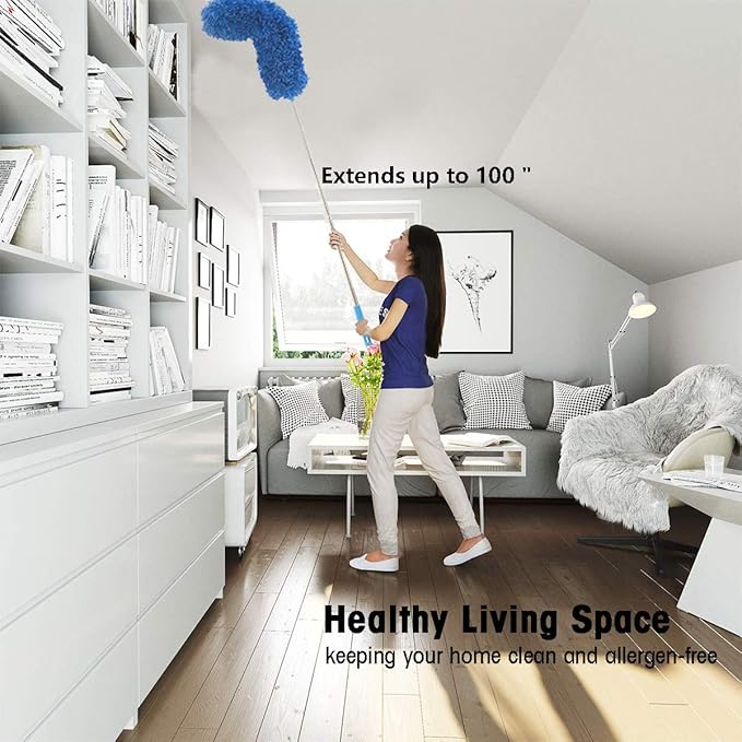 Microfiber Feather Duster with Extendable Pole, 100 inches Extra Long Cobweb Duster for Cleaning, Bendable Head, Non-Scratch, Washable Duster for Ceiling, Fan, Furniture Blue
