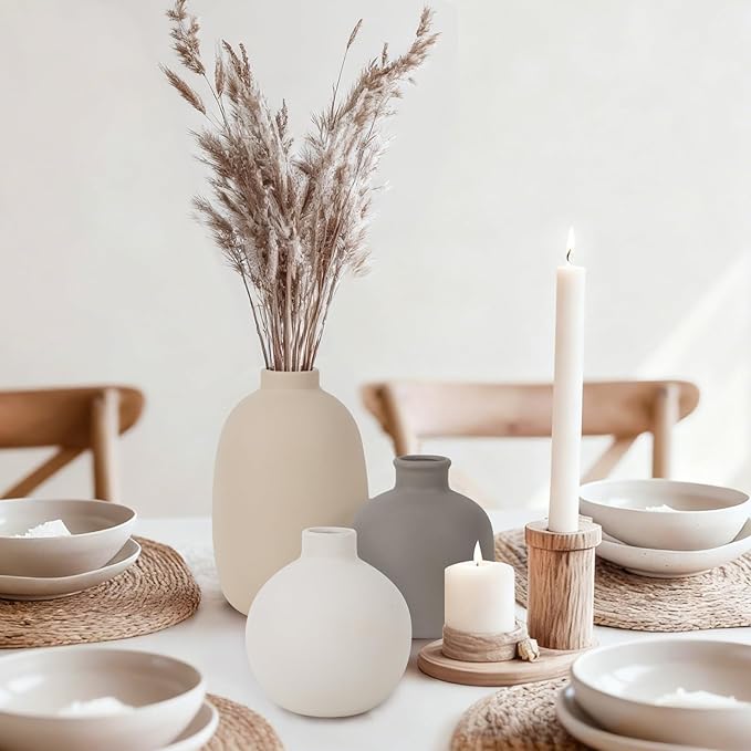 CUCUMI Ceramic Vase Set of 5, Vases Home Decor Rustic Farmhouse Decorative Vase Pottery Vases for Bouquet Pampas Grass Dried Fresh Flowers, Table Living Room Kitchen Bedroom Bathroom
