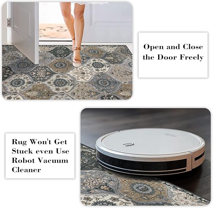 Lahome Moroccan Trellis Washable Circle Rug, Round Rug 5ft Soft Non-Slip, Non-Shedding Distressed Round Carpet for Bedroom Living Room Bathroom Nursery Kitchen, Grey