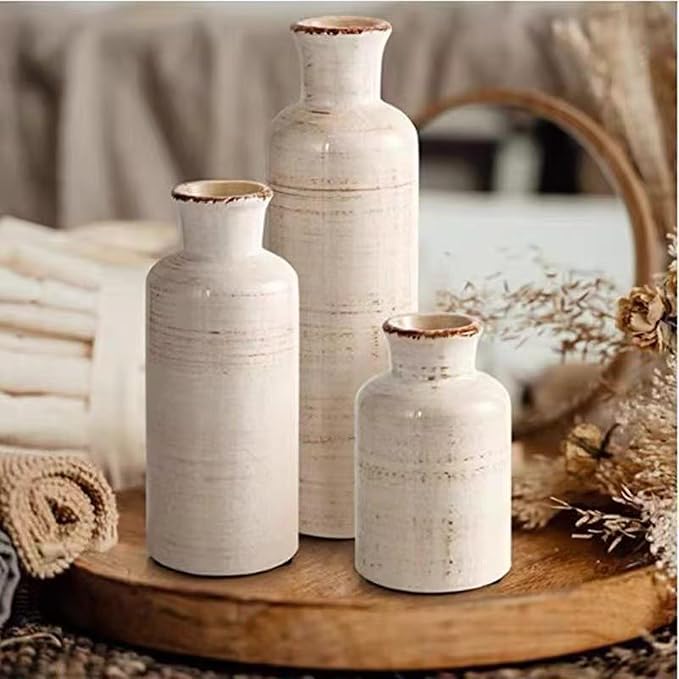 Distressed White Ceramic Vase Set of 3,Small Ceramic Vases for Home Decor,Rustic Farmhouse Vase for Flowers,Decorative Vases for Centerpieces,Table Shelf,Fireplace and Entrance
