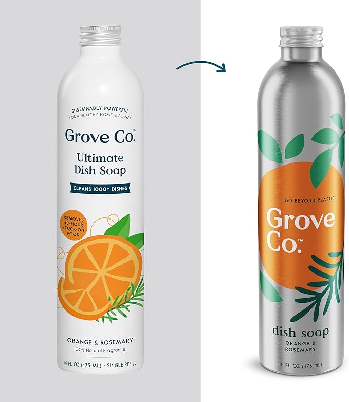 Grove Co. Ultimate Dish Soap Refills (3 x 16 Fl Oz) + Refillable Glass Dish Soap Dispenser for Kitchen Sink with Non-Slip Silicone Sleeve, Plastic Free Cleaning Products, Orange & Rosemary
