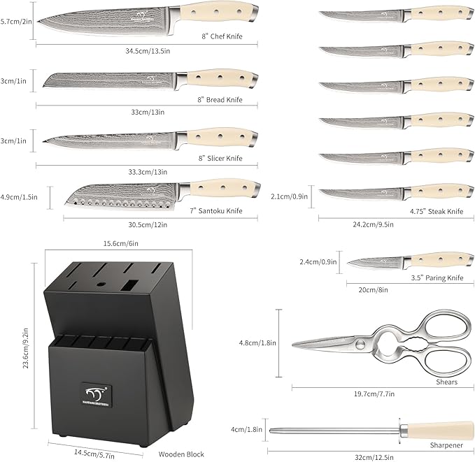 Damascus Kitchen Knife Set, 14 Pieces Kitchen Knife Set with Block, White ABS Ergonomic Handle for Chef Knife Set and Serrated Steak Knives Knife Sharpener and Kitchen Shears, Black Wooden Block