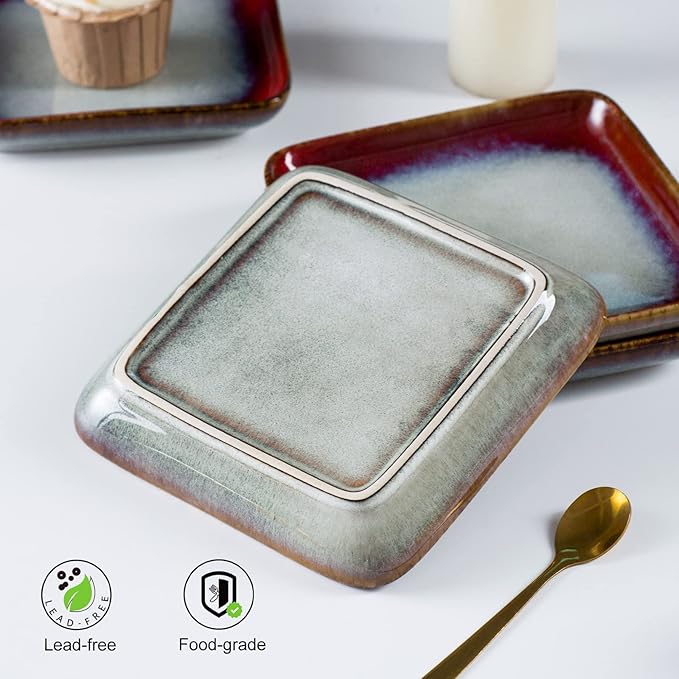 Ceramic Square Plate Sets - Dessert, Appetizer, Snack, Small Dinner Plate Scratch Resistant, Porcelain Serving Side Dish 6.3 Inch Microwave & Oven, Dishwasher Safe - Set of 4, Reactive Red