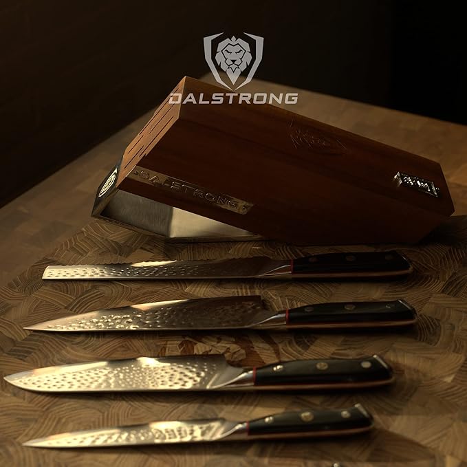 Dalstrong Knife Block Set-5pc-Shogun Series ELITE-High-Carbon Japanese Steel-Black G10 Handles-Acacia Wood- Damascus-Kitchen Knife Set with Block-Professional Cutlery Set-Men's Valentines Gift
