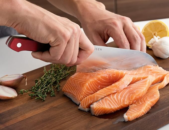 Misen Japanese Santoku Chef Knife - 7.5 Inch High Carbon Stainless Steel - Classic Japanese Knife Design for Cutting, Slicing, and Chopping - Razor Sharp Japanese Style Kitchen Knife, Red