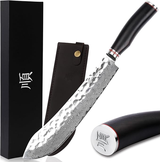 YOUSUNLONG Breaking Knife Bull Nose Pro Butcher Knife 10 inch Japanese 67 Layers Hammered Damascus Steel with Natural Leadwood Handle