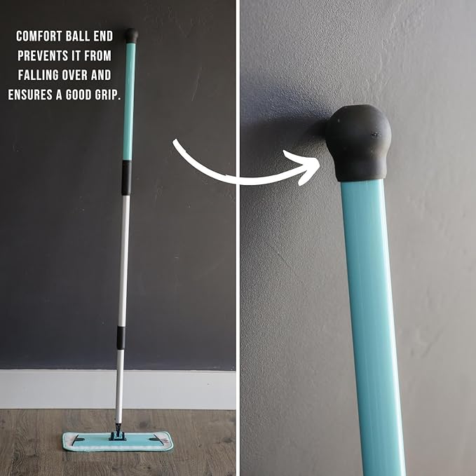 Don Aslett's 12" Mop with 2 Reusable Microfiber Pads (Aqua) Bathroom or Kitchen | 360° Rotating Head | Machine Washable | Extending Pole