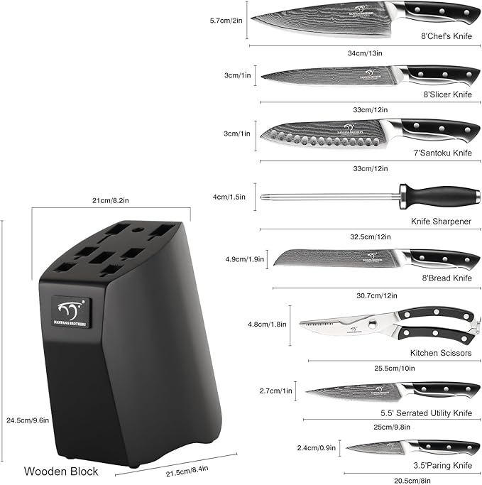 Damascus Kitchen Knife Sets, 9 Pieces Kitchen Knives Set with Block, ABS Ergonomic Handle for Chef Knife Set, Knife Sharpener and Kitchen Shears, Knife Block Set NF-D0603T-B