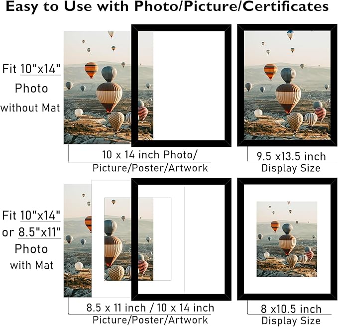 10x14 Picture Frame Set of 12 for 30 x 40 cm Diamond Art Painting, Display 8.5x11 with Mat or 10x14 without Mat, Wood 10 by 14 Wall Gallery Poster Photo Frames Bulk with 8.5x11 Mat,12 Pack, Black
