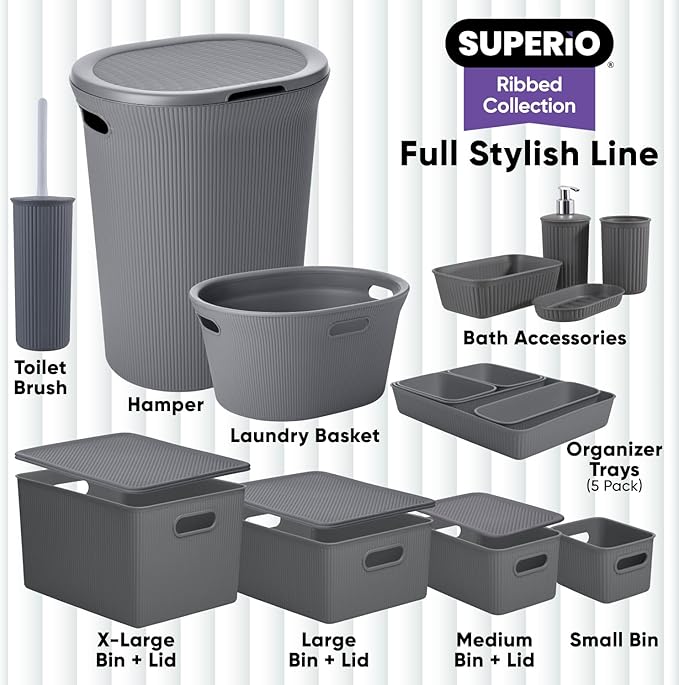 Superio Decorative Plastic Toilet Bowl Brush and Holder Set, Cleaner Scrubber for Bathroom (2, Grey)