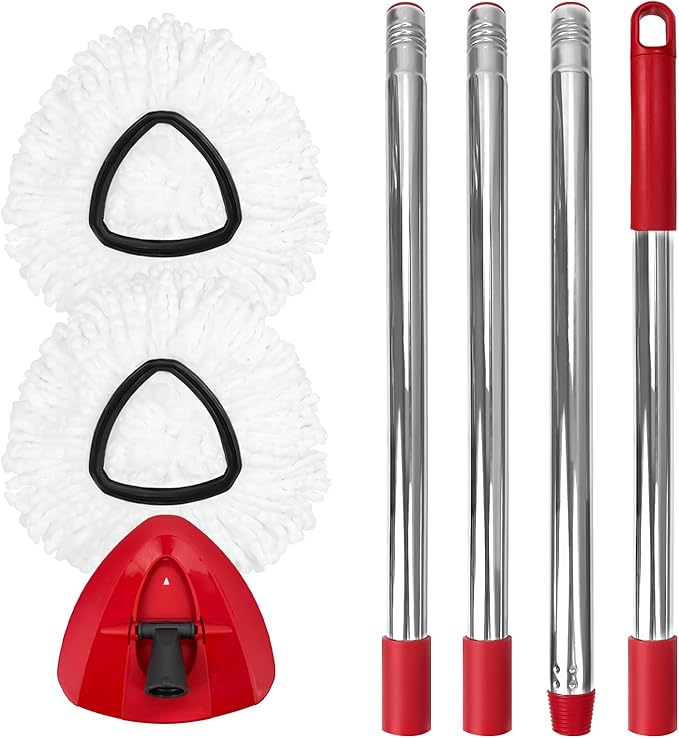 Spin Mop Replacement Set for O-Ceda EasyWring 1-Tank System, Includes 2 Mop Head Replacement, 1 Mop Handle (30-58in Adjustable 4-Section Pole), 1 Spin Mop Base