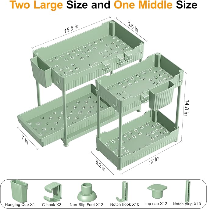 3 Pack Under Sink Organizers, 2-Tier Multi-Use Kitchen and Bathroom Organizers and Storage with Sliding Drawers,Bathroom Cabinet Organizer (Green, 14.8 Inch)