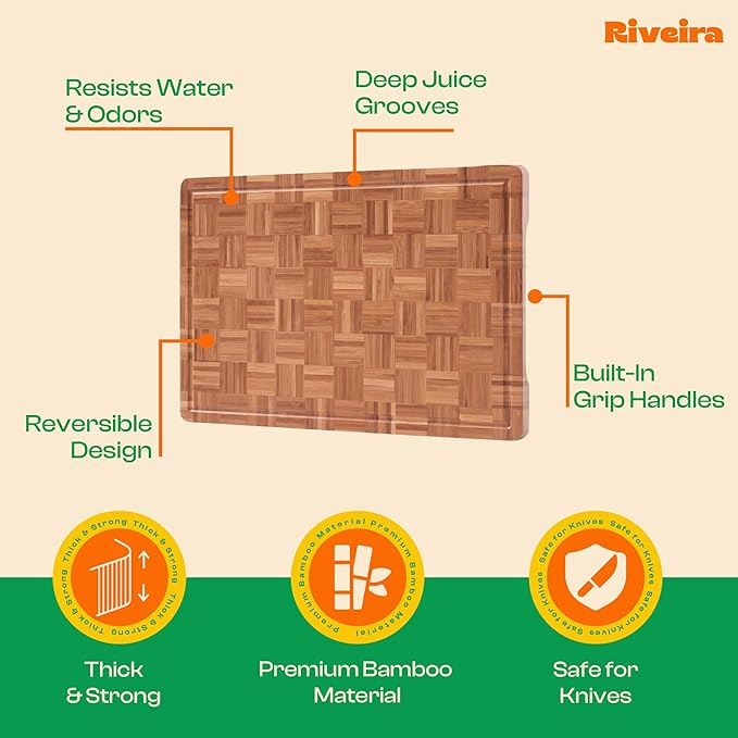 Riveira Bamboo End Grain Wood Cutting Board – Gourmet Bamboo Grandeur: 20 x 14 Wooden Cutting Boards – Wooden Cutting Boards For Kitchen Decorative – Innovative Juice Grooves End Grain Cutting Board