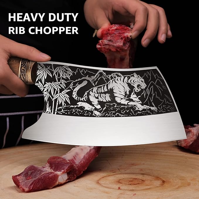 TOMBRO Meat Cleaver - 9" Butcher Knife, Heavy Duty Bone Chopper, Forged With Sheath for Meat Cutting, Ultra Sharp Carbon Steel Chinese Chef for Home & Outdoors