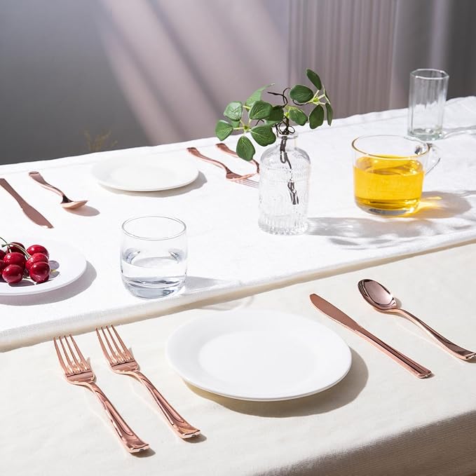 144 Pack Rose Gold Premium Plastic Cutlery Disposable Silverware Set - 48 Forks, 48 Knives, 48 Spoons - For Catering, Parties, Dinners, Weddings, and Everyday Use, Plastic box packaging