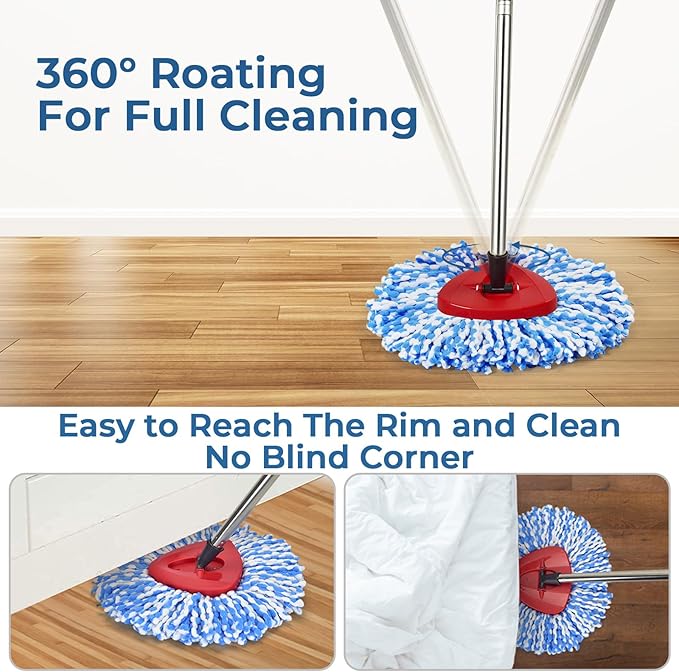 Matthew Spin Mop Replacement Kit - 4 Refill Heads, 30-58in Handle & Base Combo Set (Blue, 1-Tank System)