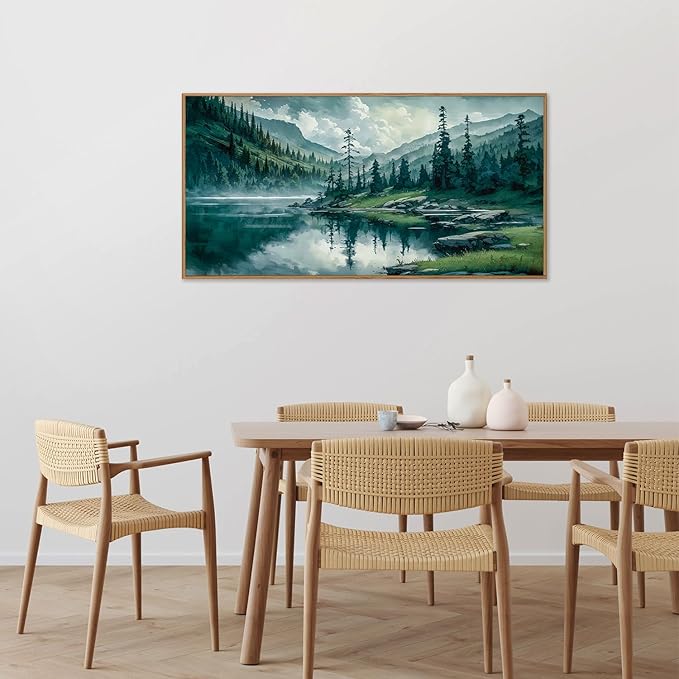 Tinonedraw Large Nature Forest Framed Canvas Wall Art, Boho Mountain Calming Lake Wall Decor, Olive Green Pine Trees Artwork, Northern Wilderness Art Painting for Living Room Bedroom Office 20"x40"