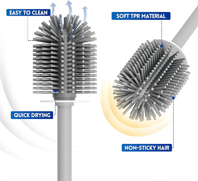 Toilet Brush and Holder Set, Silicone Toilet Bowl Cleaner Brush Bristles, Bathroom and RV Cleaning Tools, Space Saving Toilet Scrubber, Wall Mountable. (Grey)