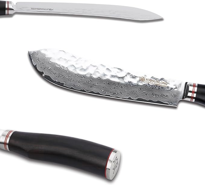 YOUSUNLONG Breaking Knife Bull Nose Butcher Knife 8" Japanese 67 Layers Hammered Damascus Steel with Natural Leadwood Handle